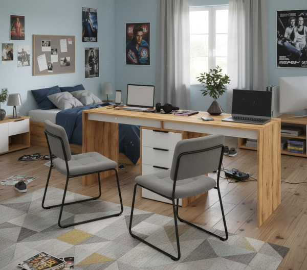 Стол для 2 детей Тандем 1800 мм (корпус дуб золотистый + фасады белые) 