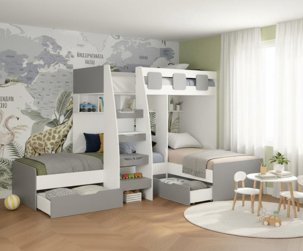 Кровать 3-х ярусная Династия (серебро + белый) 190х90