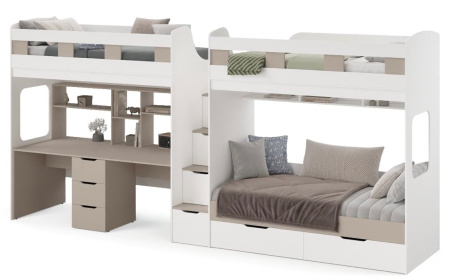Кровать 3-х ярусная Квартет + стол для 2 детей (цвет белый)