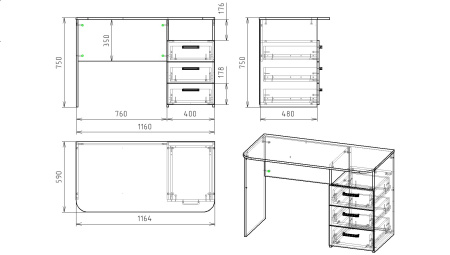 Стол коллекции Гранд с 3 ящиками (ширина 1164 мм) от Династия Kids