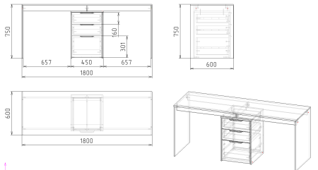 Стол Тандем 1800 мм (фасады графит) от Династия Kids