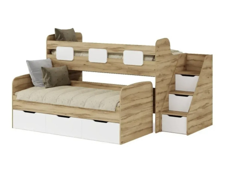 Кровать 2-х ярусная Городок 190х90 + 180х80  (дуб золотистый + белый) от Династия Kids