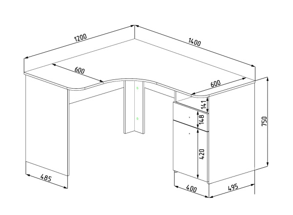 Стол угловой 1400 мм коллекции Умка NEW (ручки - дуб) от Династия Kids