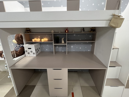 Кровать 3-х ярусная Квартет + стол для 2 детей (велюр + белый)