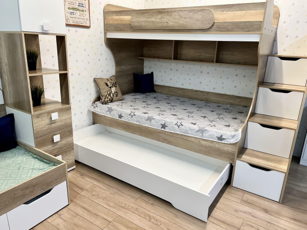 Кровать БИГ 120х200 с доп.спальным местом (дуб сонома + белый) от Династия Kids