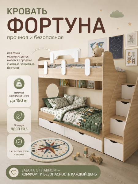 Кровать 2-х ярусная Фортуна (дуб сонома + белый)  от Династия Kids