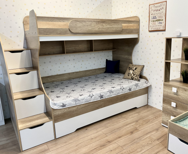 Кровать БИГ 120х200 с доп.спальным местом (дуб сонома + белый) от Династия Kids