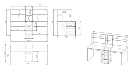Кровать 3-х ярусная Квартет + стол для 2 детей (велюр + белый)