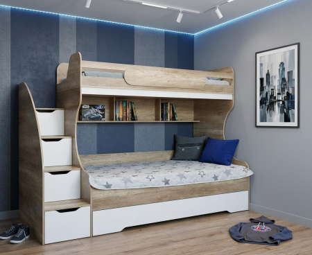Кровать БИГ 120х200 с доп.спальным местом (дуб сонома + белый) от Династия Kids